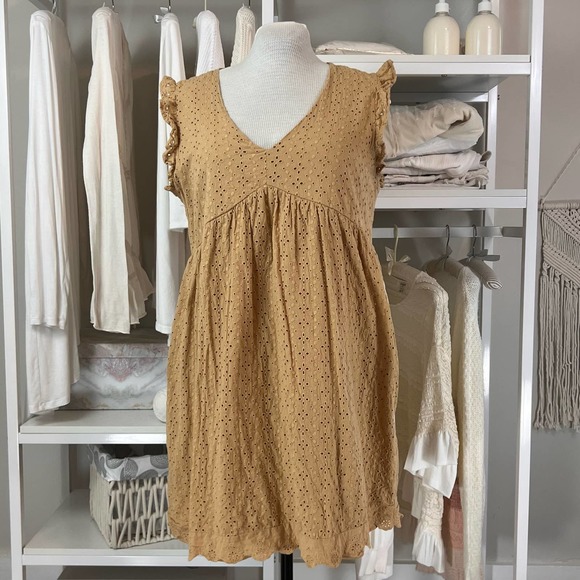 Knox Rose Mini Dress Eyelet V neck Babydoll. Soft yellow. Item # 0426 - Picture 1 of 10